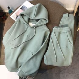 Women's Two Piece Pants 2Pcs/Set Long Sleeve Embroidery Letter Print Elastic Waist Fleece Lining Casual Outfit Women Winter Hooded