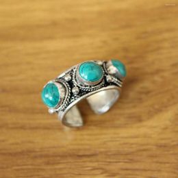 Cluster Rings RG358 Ethnic Tibetan Tibet Silver Metal Inlaid Three Turquoises Stone Beads Open Back Ring Or Thumb