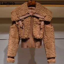 Women s Fur Faux Lautaro Winter Warm Thick Patchwork Coat Women Long Sleeve zipper Turndown Collar Stylish Fluffy Jacket Fashion 221128