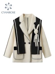 Women's Wool Blends Vintage Woolen Overcoat Warm Outerwear Women Long Sleeve Double Breasted Chic Cute Rabbit Loose Coat Autumn Winter 221129