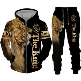 Erkekler Trailtits Lion King 3D Baskı fermuarlı kapüşon/Takım Sıradan Sportwear Set Set Serin Hayvan Desen Ceket Pantolon Trailtsuit 221128