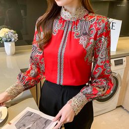 Women's Blouses Red Satin Lace Shirt 2022 Fashion Turtleneck Silk Top Women Long Sleeve Vintage Printed Blouse