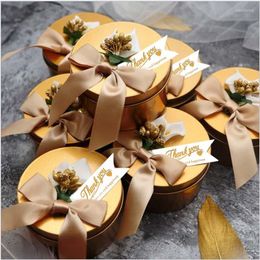 Gift Wrap 30pcs Custom Name Date Wedding Favour Tin Golden Unique Bead Flower Circular Gold Candy Box Gifts Boxes For Guest