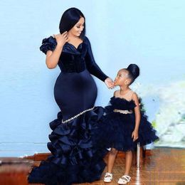 Party Dresses Sexy Navy Blue Mermaid Evening Ruffles Sweep Train One Long Sleeve Aso Ebi Arabia Plus Size Prom Dubai Gowns Robe