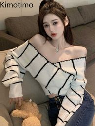 Women's Sweaters Kimotimo Irregular Striped Sweater Women American Sexy One Shoulder Knitted Sweater 2022 Autumn Chic Long Sleeve Crop Sweaters J220915