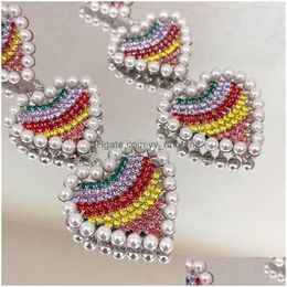 Dangle Chandelier Korean Luxury Exaggerated Colorf Rhinestone Heart Dangle Earrings For Women Elegant Pearl Pendientes Party Jewel Dhmzl