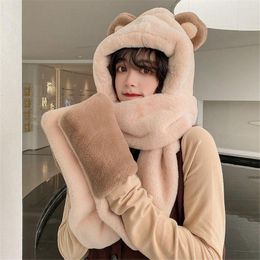 Berets Fashion Winter Women Bear Ear Beanies Caps Warm Hat Casual Plush Scarf Gloves Set Faux Fur