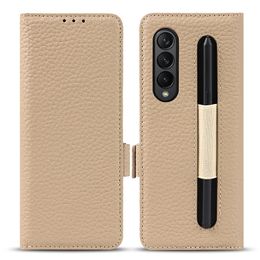 Magnetic Folio Genuine Lychee Grain Leather Phone Cases for Samsung Galaxy Z Fold3 5G Multiple Card Slots Wallet Kickstand Protective Shell with Pen Slot Holder