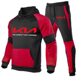Men's Tracksuits Spring And Autumn Kia Logo Printing Fashion Patchwork Sportswear Hooded Hoodie Sweatpants 2-piece Set