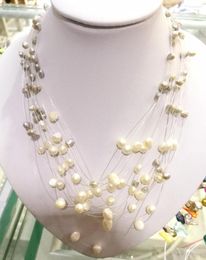 Pendant Necklaces Women Jewelry 15 Rows Necklace White Gray Mixed Pearl Baroque Natural Freshwater 45cm 18''