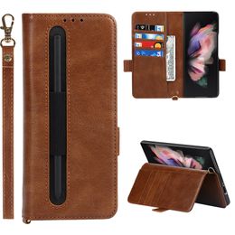 Retro Magnetic Flip Phone Cases for Samsung Galaxy Z Fold3 5G Multiple Card Slots Solid Leather Wallet Clutch Kickstand Protective Shell with Pen Slot Holder