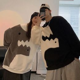 Women's Hoodies Sweatshirts Couple Oversized Hoodie Autumn Winter Lamb Wool Shark Splicing Korean Tops Thicken Loose All-match 221129