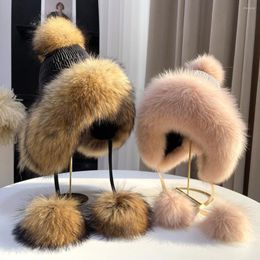 Berets 2022 Winter Fur Lei Feng Cap Wool Knit Hats Lovely Fleece Warm Ear Protection Women Beanies Raccoon Silver Bomber