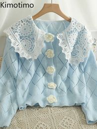 Women's Sweaters Kimotimo Lace Split Pop Collar Sweater Women 2022 Autumn Sweet Three Dimensional Floral Knitted Vest French Long Sleeve Top J220915