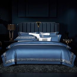 Bedding sets High end 1000TC Egyptian cotton bedding Blue Chic Luxury Embroidery Duvet Cover 4pcs Silky Soft bed sheet pillowcases 221129