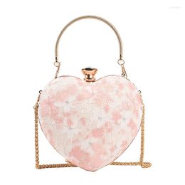 Evening Bags Korean Fashion Women's Heart Chain Shoulder Bag Chic Lace Flower Print Party Clutches Metal Handle Ladies Handbag