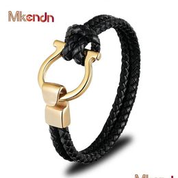 Charm Bracelets Men Jewelry Punk Black Braided Geunine Leather Bracelet Stainless Steel Anchor Buckle Fashion Bangles Drop D Dhgarden Dhemt