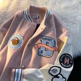 Women's Jackets Pink Cute School Baseball Uniform Women Bomber Jacket Leather Sleeve Fleece Embroidery Pattern For