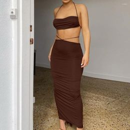 Women's Two Piece Pants 2022 Summer Bandage Dress Suit Crop Top And Midi Skirt Halter Off Shoulder Tube Night Club Clothes Sets