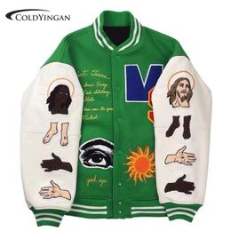 Wo COLDYINGAN Bomber Woman Varsity Green Long Sleeves Baseball Women's Winter Coats Bombers Vintage College Coat Met 221129