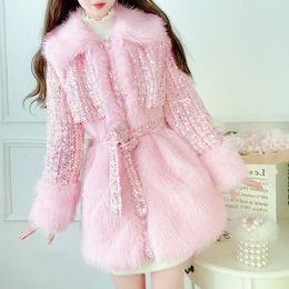 Women s Fur Faux Winter Sweet Slim Waist Young Lady Coat Fuzzy Collar Patchwork Woolen Jackets For Female Elegant Outwear 221128