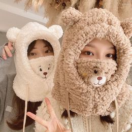 Berets Winter Ladies Plush Bib Integrated Headpiece Hat Cute Cartoon Bear Ear Protective Outdoor Ski Riding Warm Lei Feng