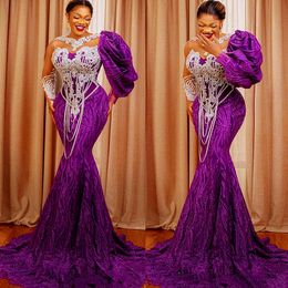 ASO 2022 Arabiska EBI Purple Mermaid Prom Dresses Lace Pärled Sexig Evening Formal Party Second Reception Födelsedagsengagemang Klänningar ZJ730