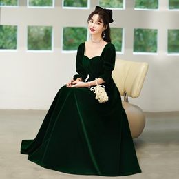 Ethnic Clothing Autumn Winter Elegant Dark Green Velour Evening Dress Women Long Sleeves A-line Prom Formal Party Gown