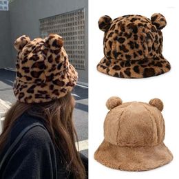 Berets Fashion Winter Plush Bucket Hats Solid Leopard Print Cap Fur Hat Bear Ear Ball Fisherman Warm Thick Basin Caps Unisex