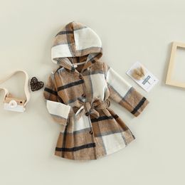 Coat FOCUSNORM 03Y Autumn Winter Baby Girls Wool Coat Plaid Printed Long Sleeve Hooded Single Breasted Jacket Outerwear Waist Belt 221128