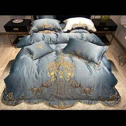 Bedding sets Luxury Blue White Red Satin Cotton Gold Embroidery Set Double Duvet Cover Linen Lace Skirt Pillowcases 221129