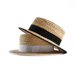 Berets 2022 Summer Wheat Straw Boater Top Flat Hat For Women Wide Brim Cap Femme Ete Beach Sun Hats Sombreros De Sol Chapeau Paille