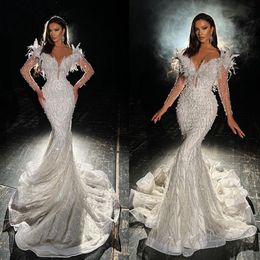 Glamorous Mermaid Wedding Dresses Transparent Bateau Shining Beaded Applicant Long Sleeves with Feather Court Gown Custom Made Plus Size Vestidos De Novia