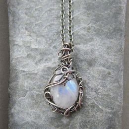 Pendant Necklaces Vintage Silver Colour Chain Wiccan Moonstone Crystal Floral For Women Fashion Witch Jewellery Gifts Girl