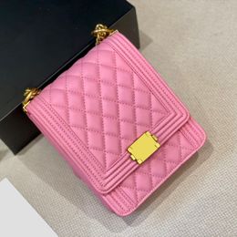 French Women Rectangle Classic Flap Quilted Boy Bag Caviar Leather Calfskin Black White Pink Silver Purse Gold Metal Hardware Crossbody Multi Pochette Handbag 19CM