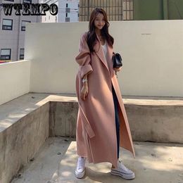 Women's Wool Blends Pink Cashmere Coats Women Medium Long Belt Woolen Coat Loose and Elegant Fashion Outwear Autumn Winter 221129