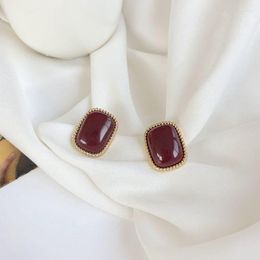 Backs Earrings Korean Retro Simple Geometric Square Clip French Elegant Resin Red Stone On No Piercing Women