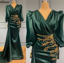 Dark Green Arabic Aso Ebi Mermaid Evening Dresses With Puff Long Sleeves V Neck Gold Lace Appliqued Prom Party Gowns Women Special Occasion Vintage Dress CL1515
