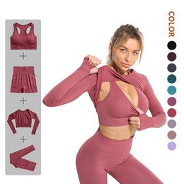 2pcs Yoga Outfits Sports Suits Seamless Legggins Sport Bra Crop Top Long Sleeve Yoga Pants Women Gym Clothing Ladies Exercise Clothoes Girl Workout Set Athletic Wear