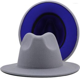 Berets Simple Outer Grey Inner Blue Wool Felt Jazz Fedora Hats With Thin Belt Buckle Men Women Wide Brim Panama Trilby Cap 56-58CM
