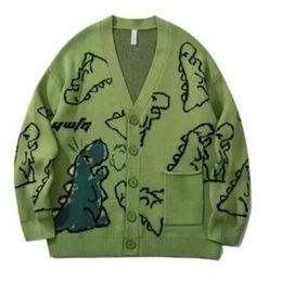 Hip Hop Mens Knitted Sweater Doodle Dinosaur Pattern Harajuku Oversize Streetwear Loose Cardigan Pullover Men Women Coat