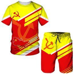 Men's Tracksuits Summer CCCP Russian T-Shirt/Shorts/Suit USSR Soviet Union Short Sleeved Hip Hop Streetwear Two Piece Set Tracksuit Outfits 221128