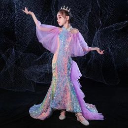 2023 Flower Girl Dresses For Wedding colorful Shinny Girl's Pageant Hand Made Flower Long Sleeve Mermaid gowns Sequins Applique on Sale