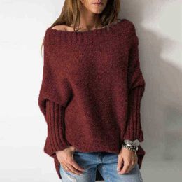 Women's Sweaters Autumn Winter Solid Big Off The Shoulder Batwing Sleeves Knitted Sweater Top Women Casual Long Sleeves Oversize Sweaters Clothing J220915