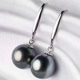 Dangle Earrings Charming 10-11mm Round Tahitian Black Pearl Earring Silver