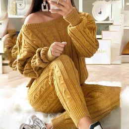 Women's Two Piece Pants Casual Solid Warm Knitted Women Set Pieces Sexy O neck Sweater Trousers Tracksuit Winter Lady Outfits Slim 221130