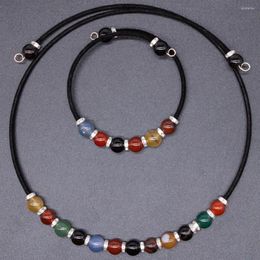 Necklace Earrings Set Round Stone Beads Black Cord Wire Bracelet Jewelry 16 Colors GS050