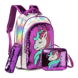 Backpacks BIKAB Unicorn School Bag Double Sided Sequin Set Lightweight Kawaii Girl Supplies for Girls 221129