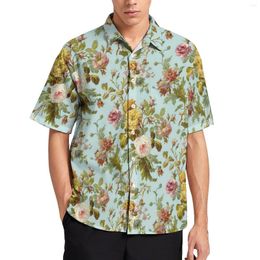 Men's Casual Shirts Stylish Baroque Floral Hawaiian Shirt Male Vintage Pink Roses Blouses Short-Sleeve Retro Oversized