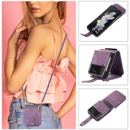 Wallet Phone Cases for Samsung Galaxy Z Flip 4/3 Multifunction Skin-Feeling PU Leather Flip Stand Cover Case with Zipper Coin Purse and Shoulder Strap